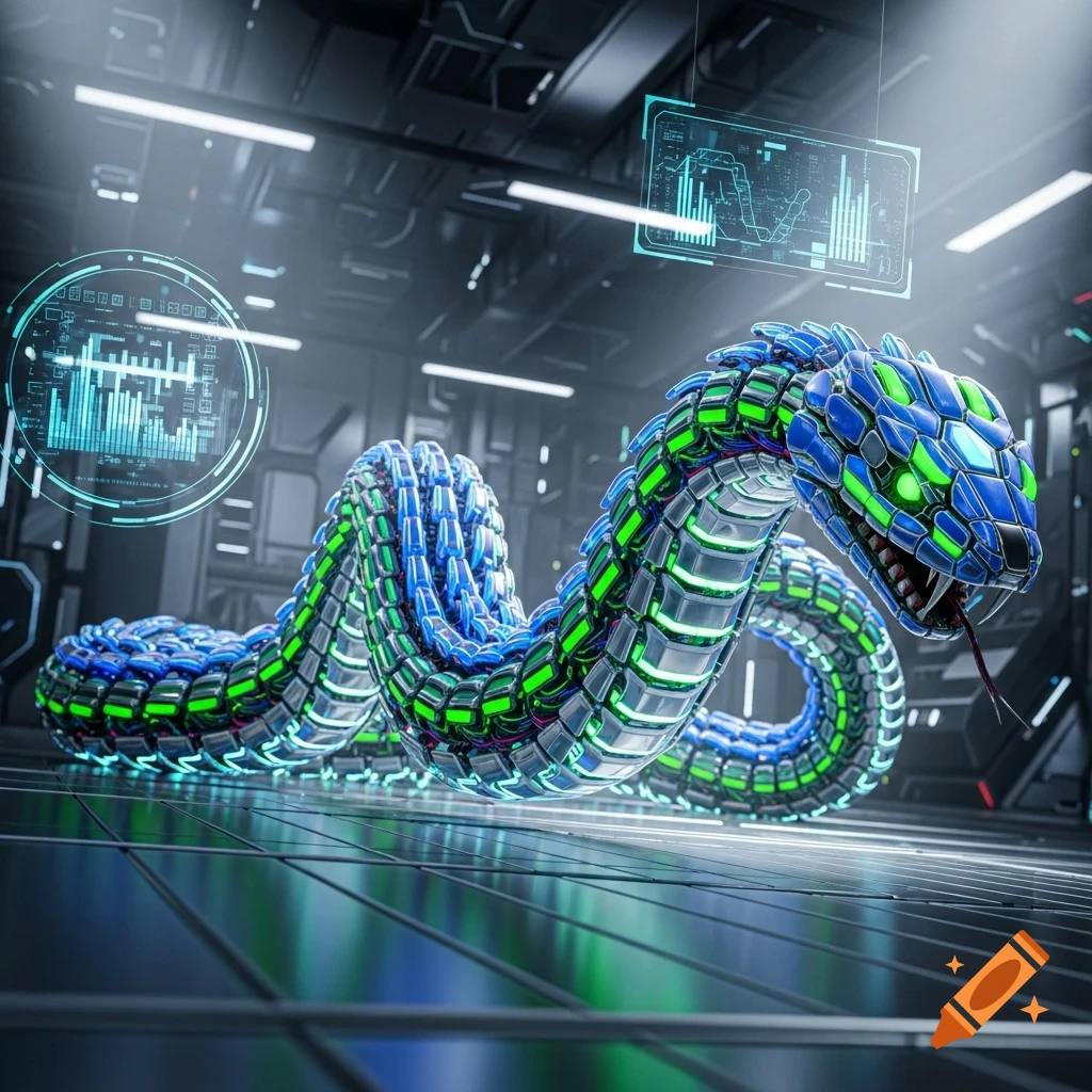 A blue and green metallic robot snake with glowing eyes coils in a futuristic room with holographic data displays.