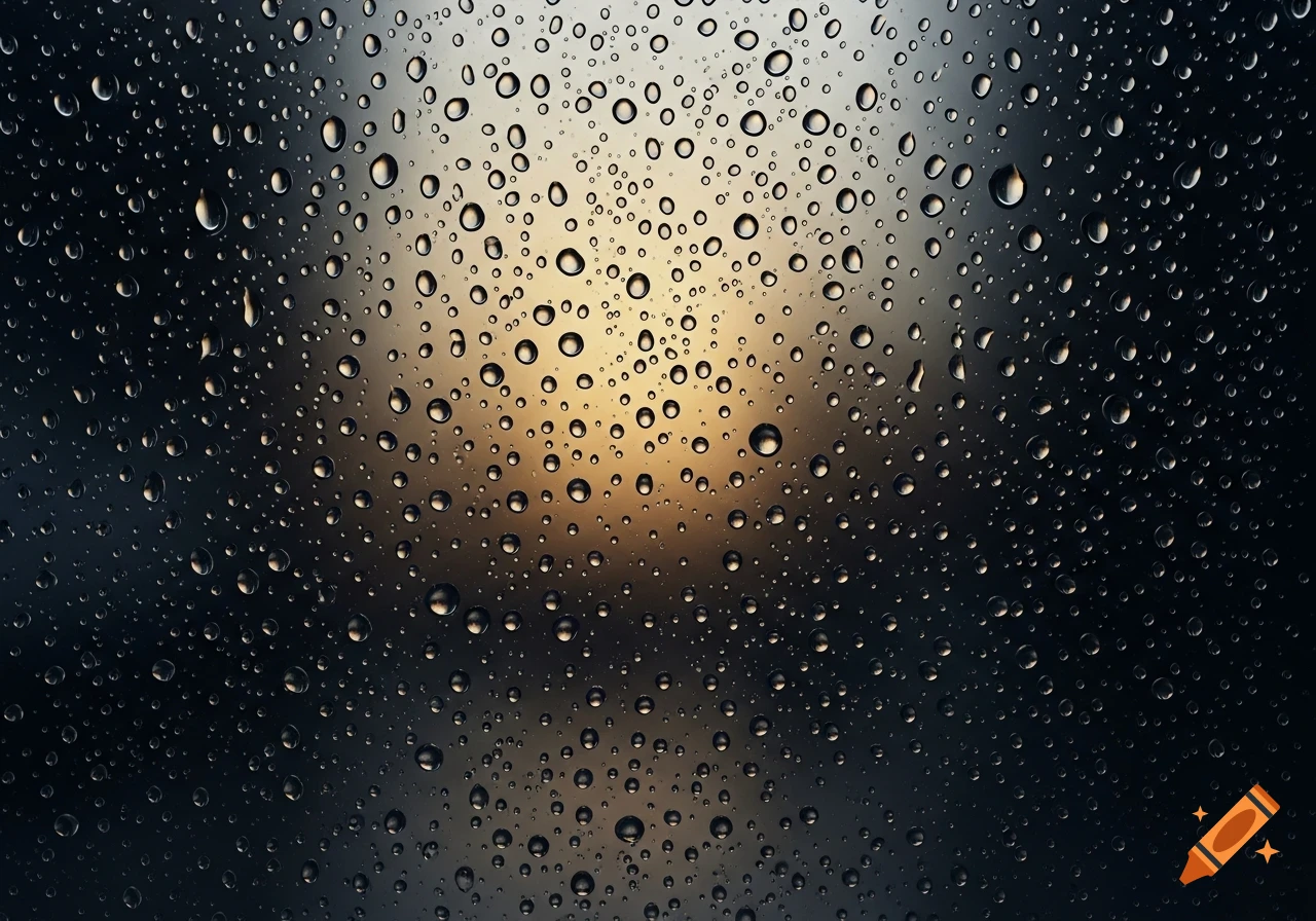 Close-up of numerous shining raindrops on glass, with a blurred dark and warm yellow background.