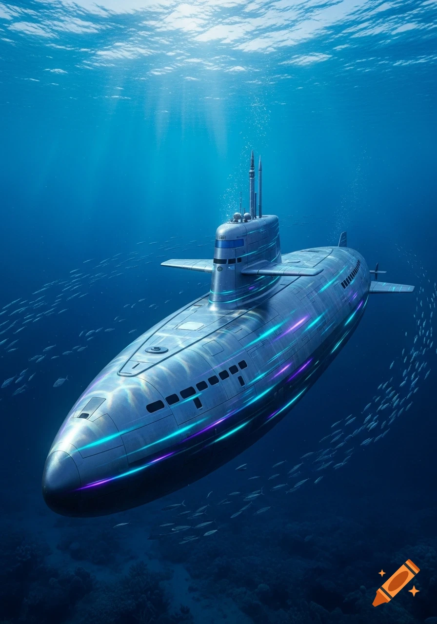 A sleek, modern submarine with glowing blue and purple accents travels underwater amidst schools of small fish, with sunrays from above.