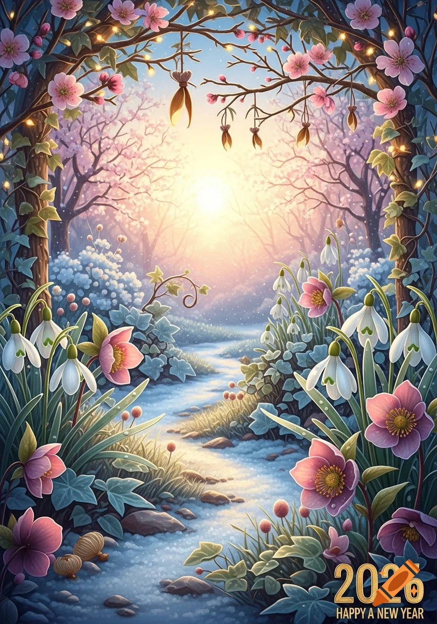 A whimsical winter-to-spring forest scene with snow-dusted ground, a winding path, and blooming pink and white flowers. Twinkling lights hang from tree branches under a bright sunrise. The text '2026 HAPPY A NEW YEAR' is in the corner.
