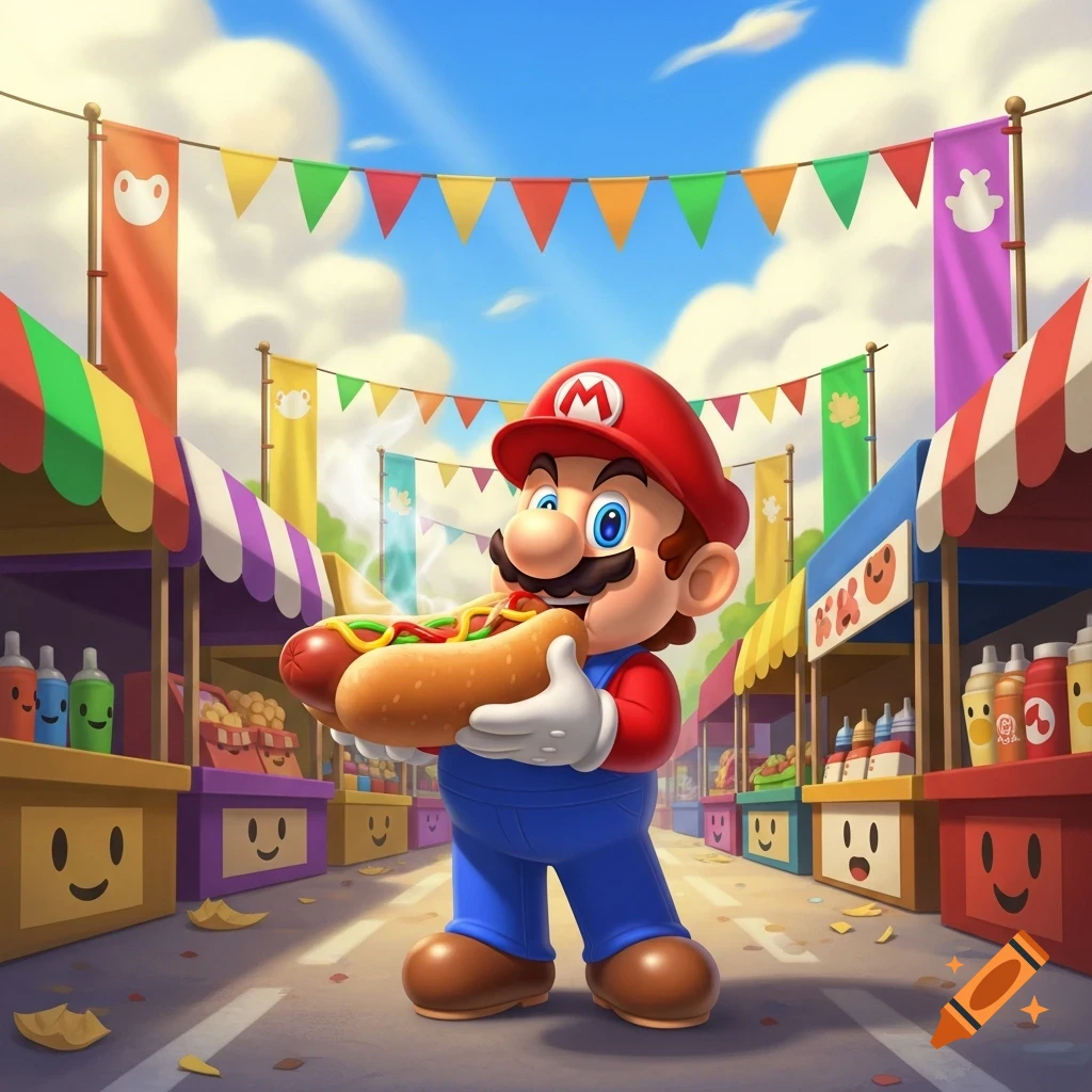 Mario holds a hotdog at a vibrant outdoor market with colorful stalls under a blue sky.