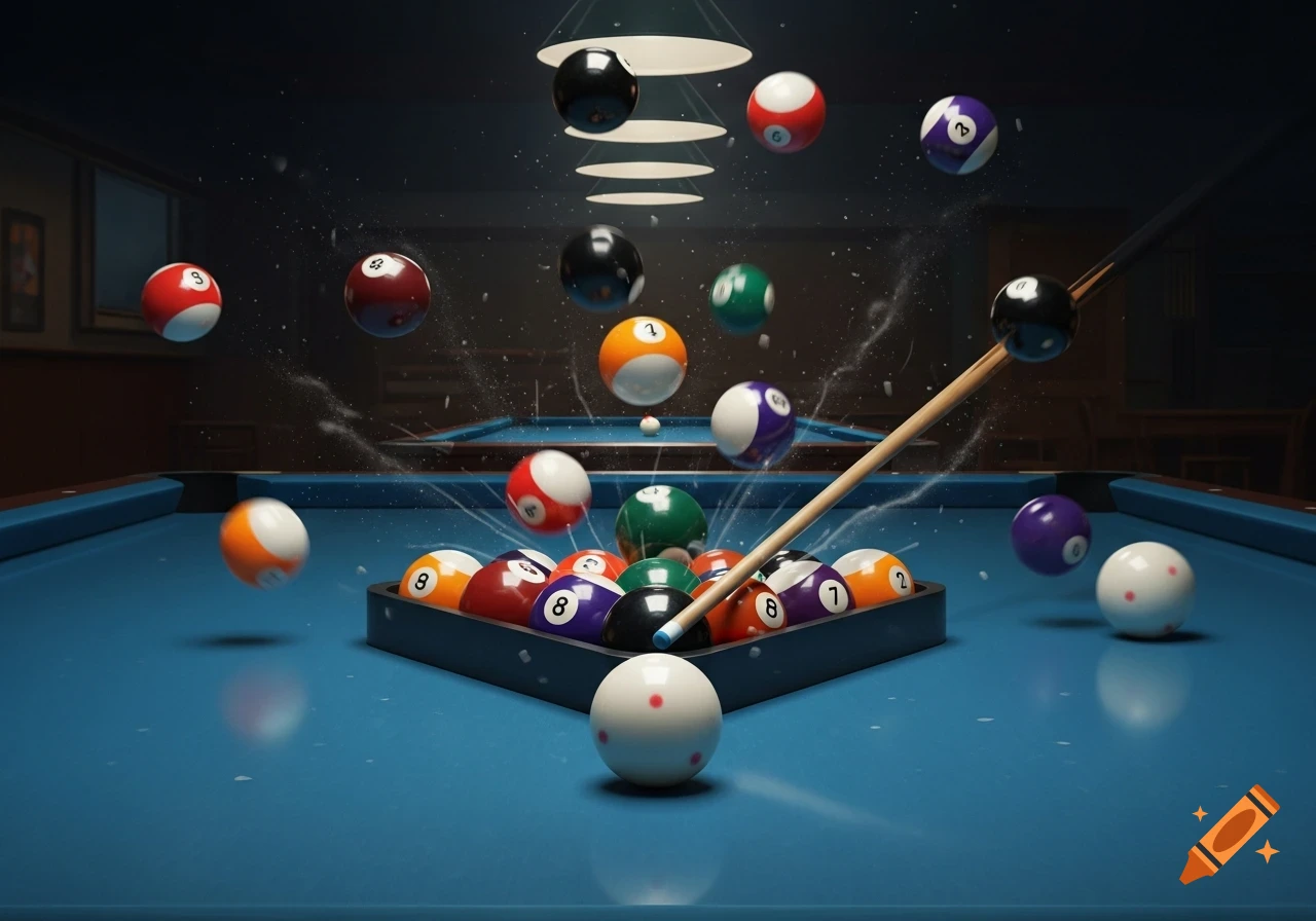 Photorealistic image of pool balls exploding from a break shot on a blue felt table, with a cue stick hitting the 8 ball.