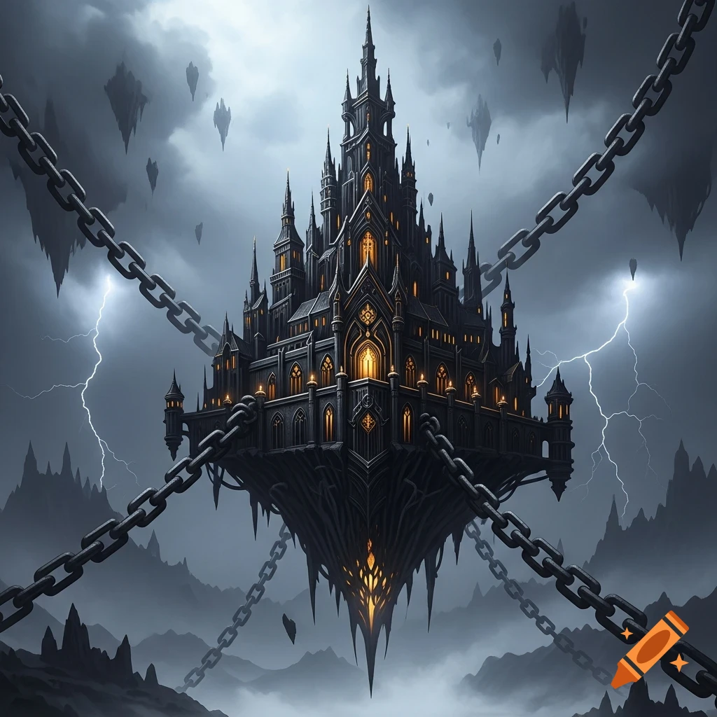 A dark gothic floating castle with golden accents, held by chains in a stormy sky with lightning and distant floating islands.