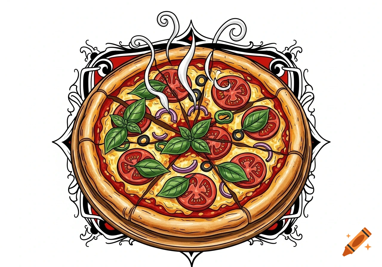 Neo-traditional style pizza illustration with tomatoes, basil, olives, and red onion, with decorative swirls.