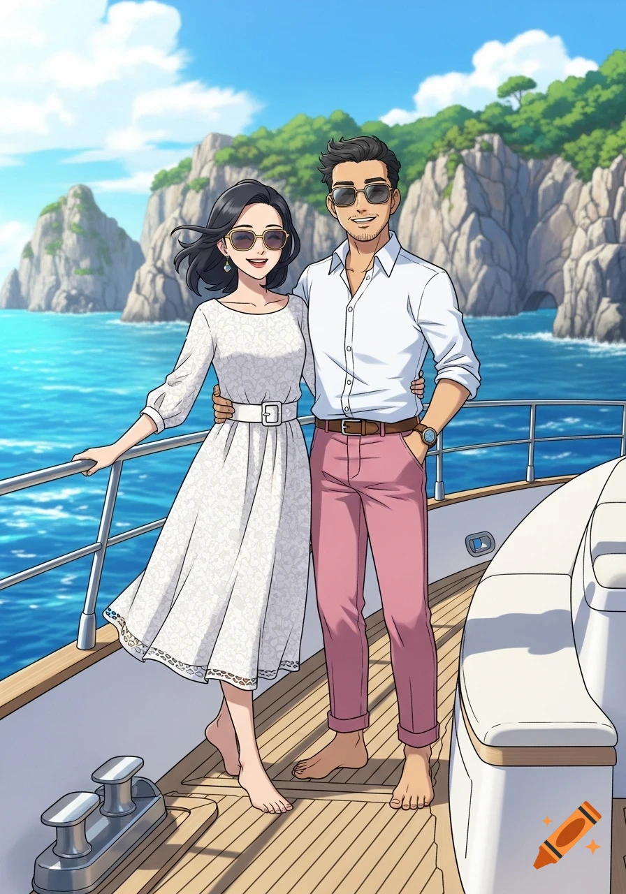 A smiling cartoon couple on a yacht deck, with rocky cliffs and blue sea in the background, in a Pokémon-like style.