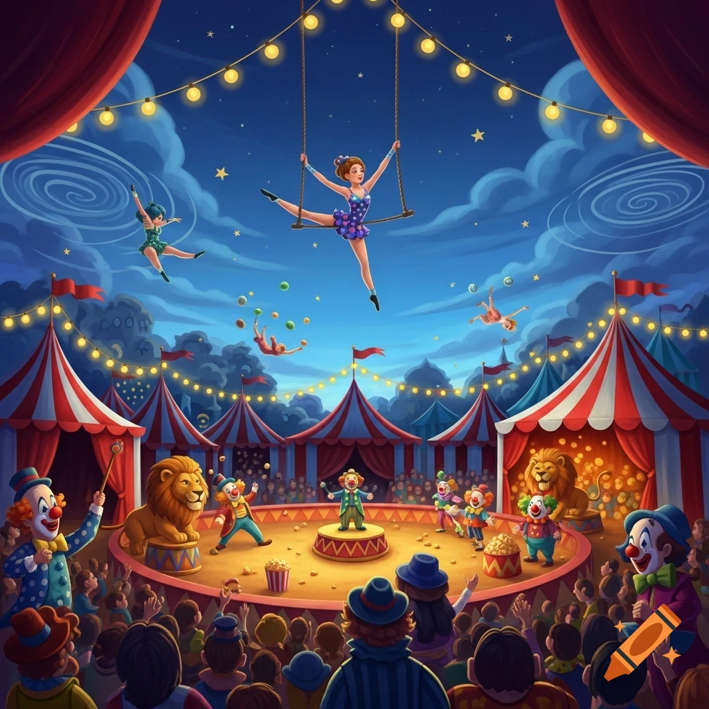 A vibrant circus show with acrobats flying in the sky, clowns performing, lions on pedestals, and a cheering audience under a big tent at night.