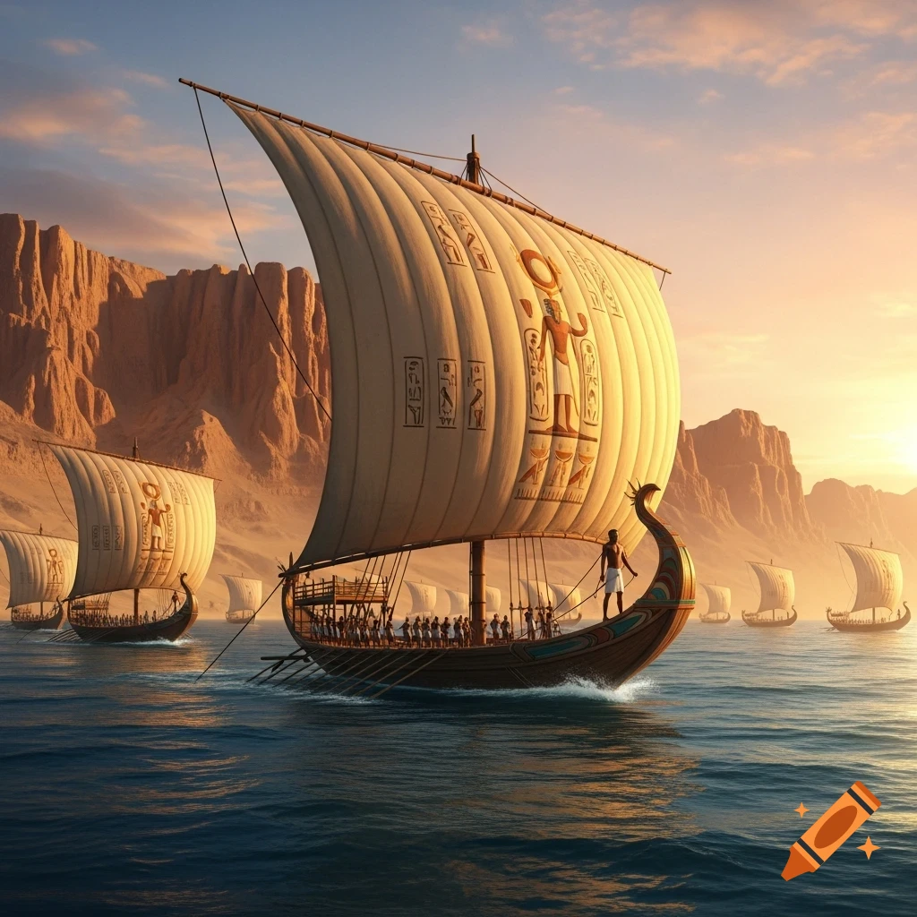 A fleet of ancient Egyptian-style sailing ships with hieroglyph-like decorated sails glides across blue waters past a desert coastline at sunset.