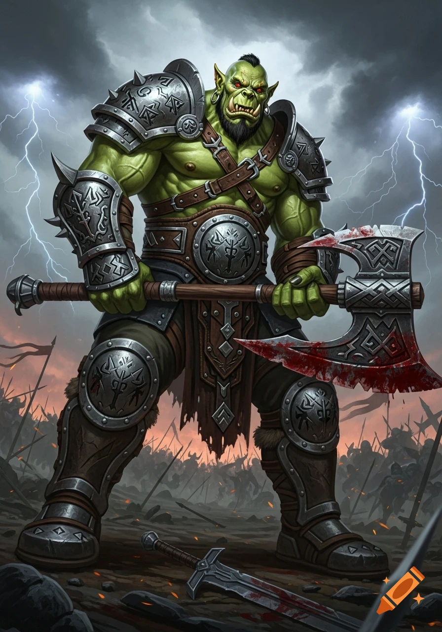 A muscular green orc warrior with a blood-stained axe stands on a stormy battlefield in detailed fantasy art.