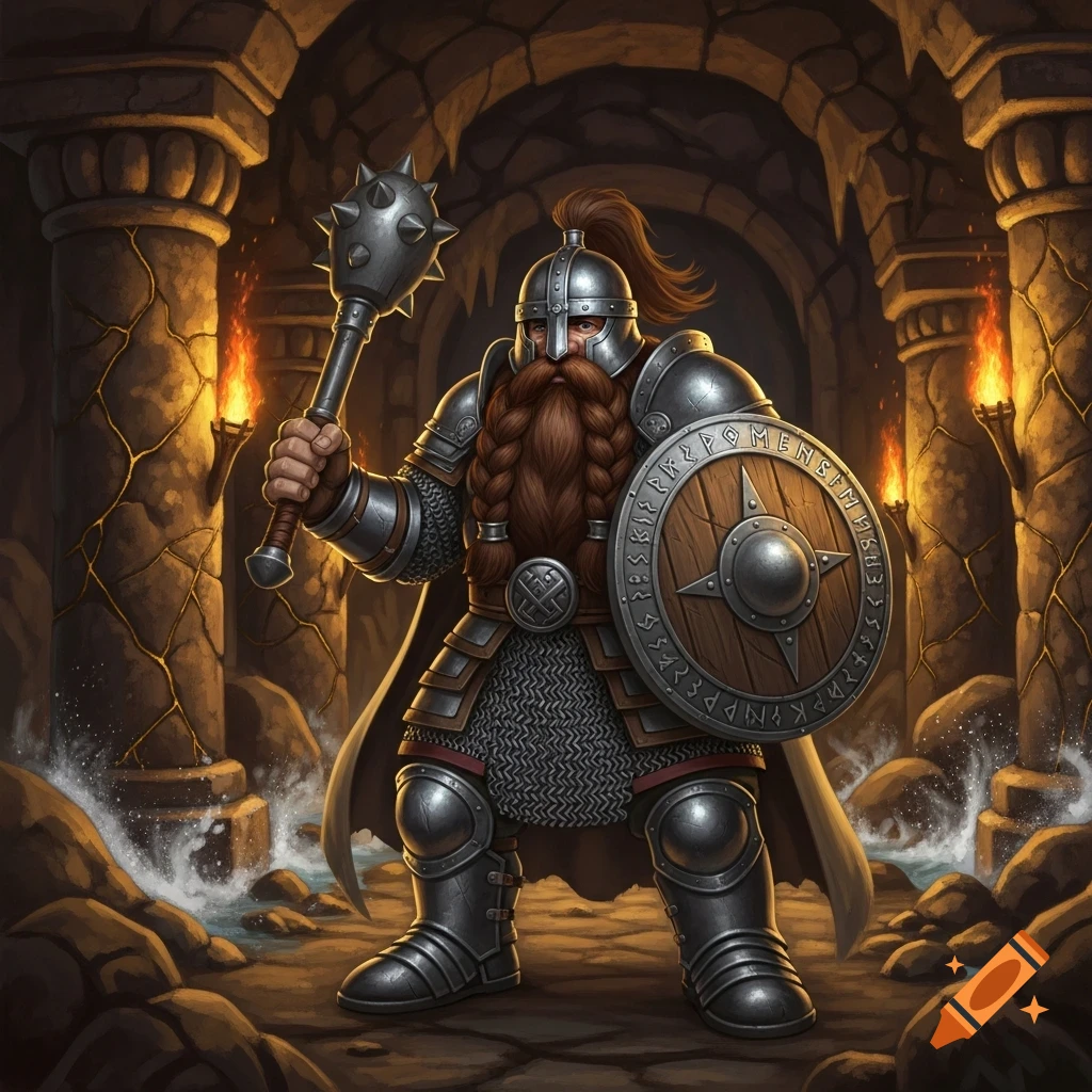 A heavily armored fantasy dwarf with a braided beard, wielding a mace and shield in a torch-lit stone dungeon.