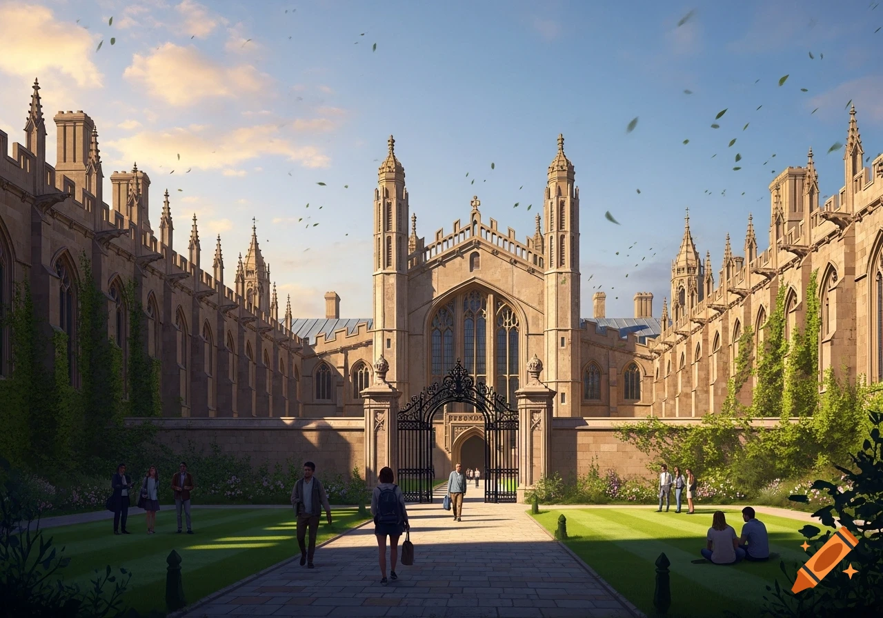 A grand neo-Gothic college campus with students walking and sitting on green lawns, under a blue sky with floating leaves.