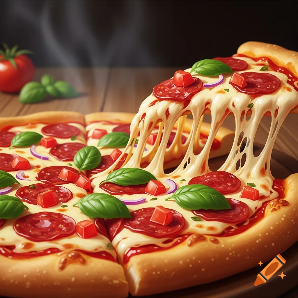 A close-up of a pepperoni pizza slice being lifted, showing long, gooey strands of melted cheese, basil, peppers, and onions.