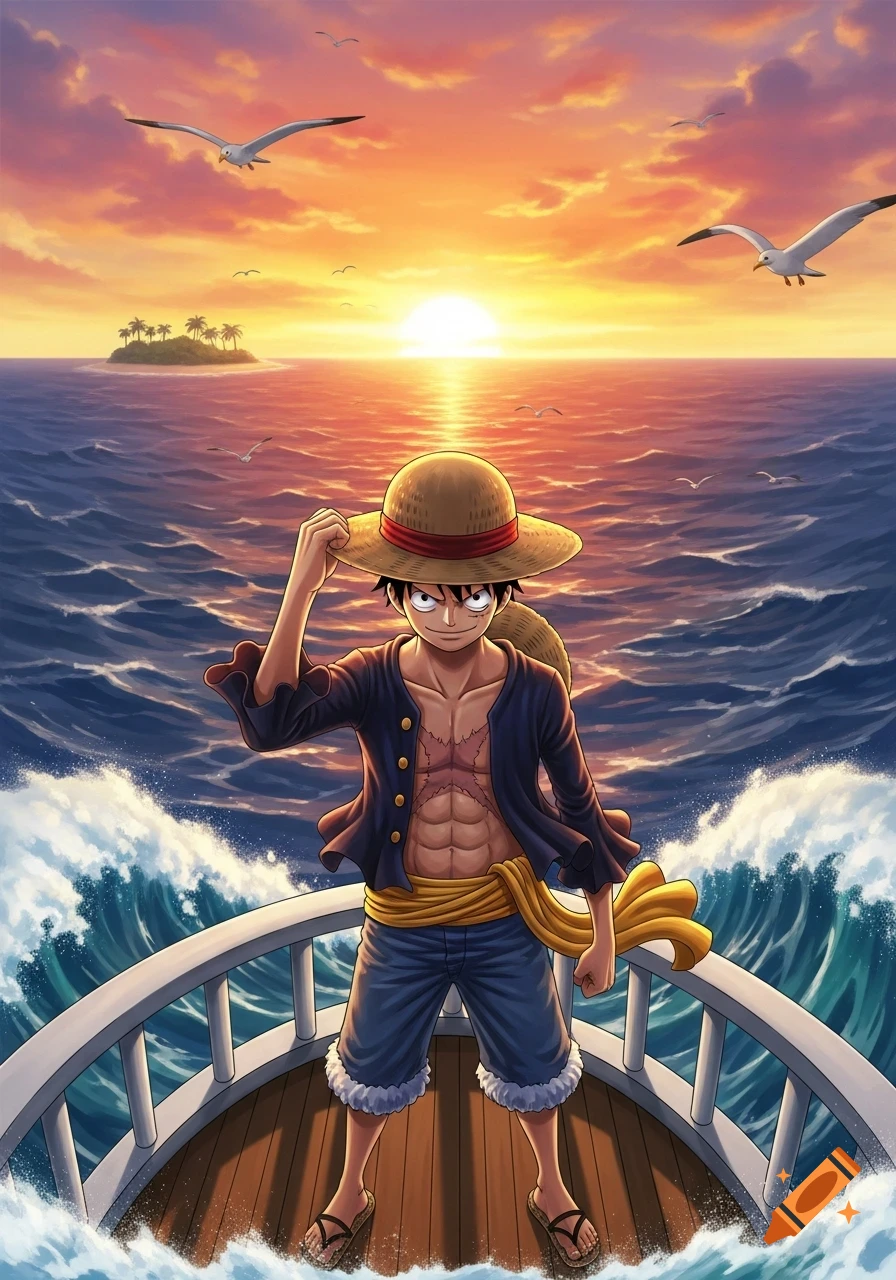 Luffy from One Piece stands on a ship's bow, holding his straw hat, during a vibrant ocean sunset with a distant island and seagulls. Anime style.