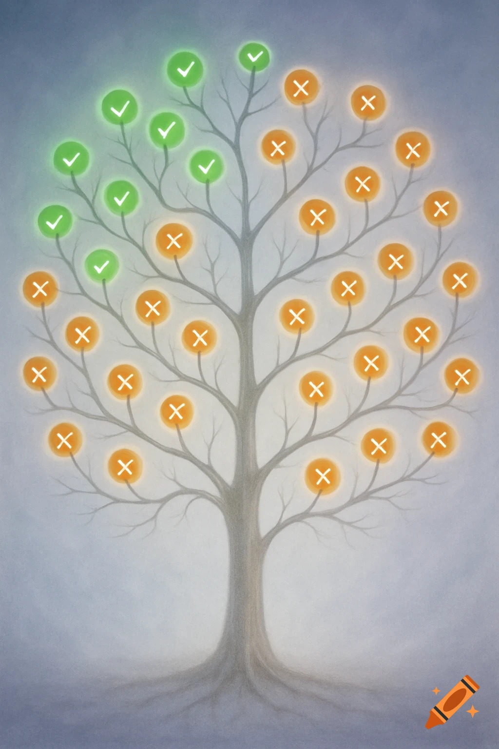 A stylized decision tree with green checkmarks on some branches and orange X-marks on others, against a soft gradient background.