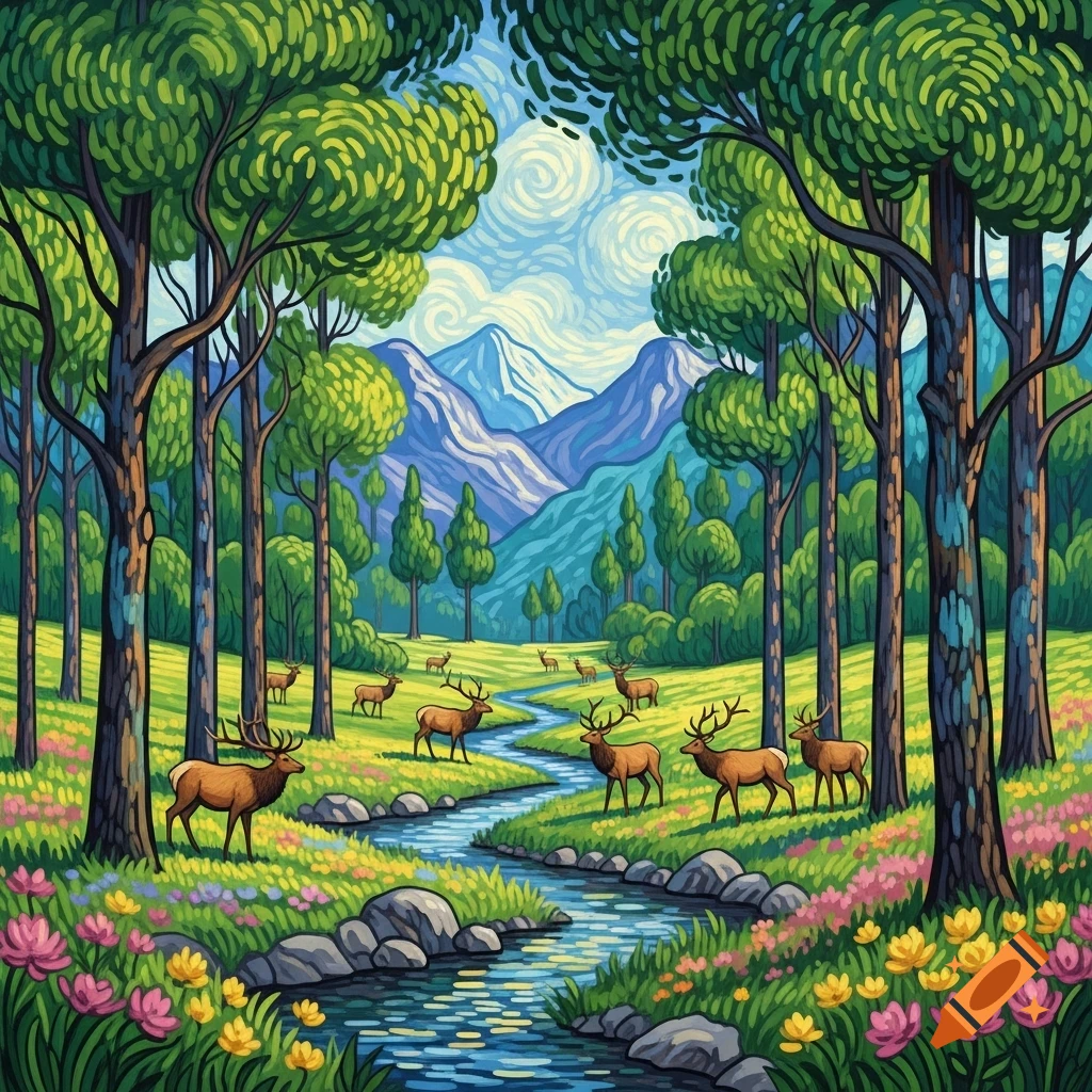 Vibrant Van Gogh-style painting of a forest with a winding stream, grazing elk, wildflowers, and distant mountains.