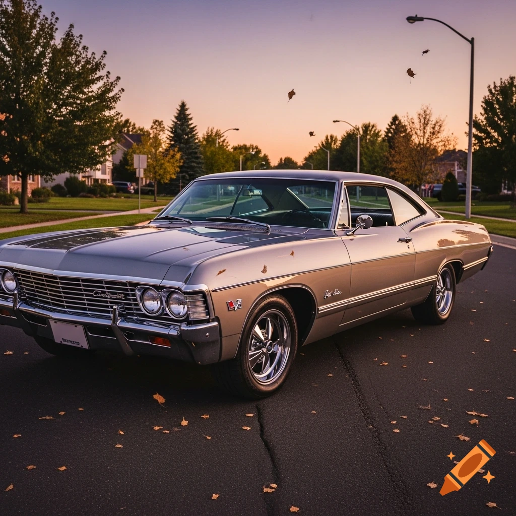 A gleaming silver 1967 Chevrolet Impala coupe parked on an asphalt street with scattered autumn leaves at sunset.