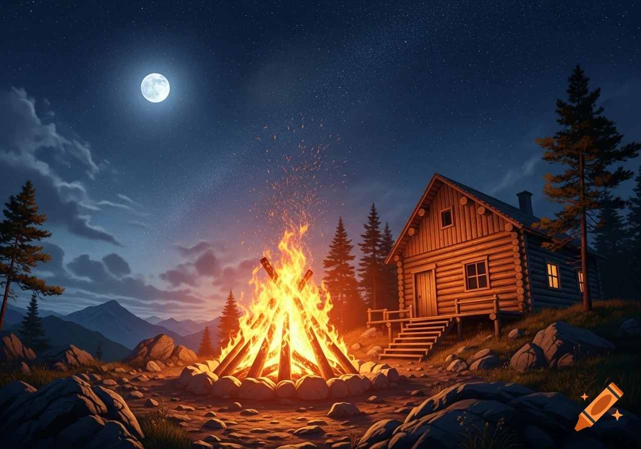 A bright campfire illuminates a rustic log cabin under a full moon and starry night sky in a mountain forest.