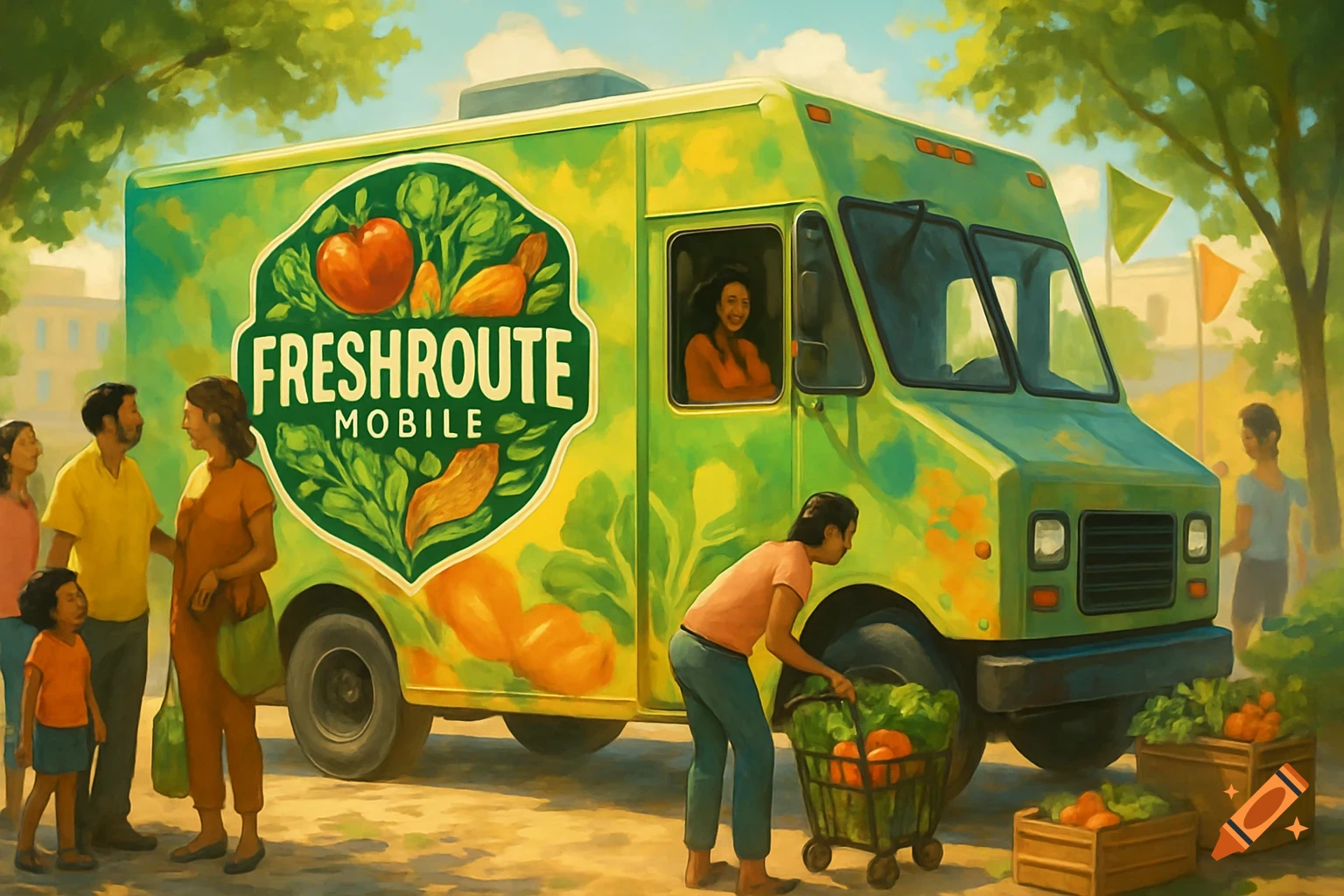 Painterly illustration of a green FreshRoute Mobile food truck with people buying fresh produce.