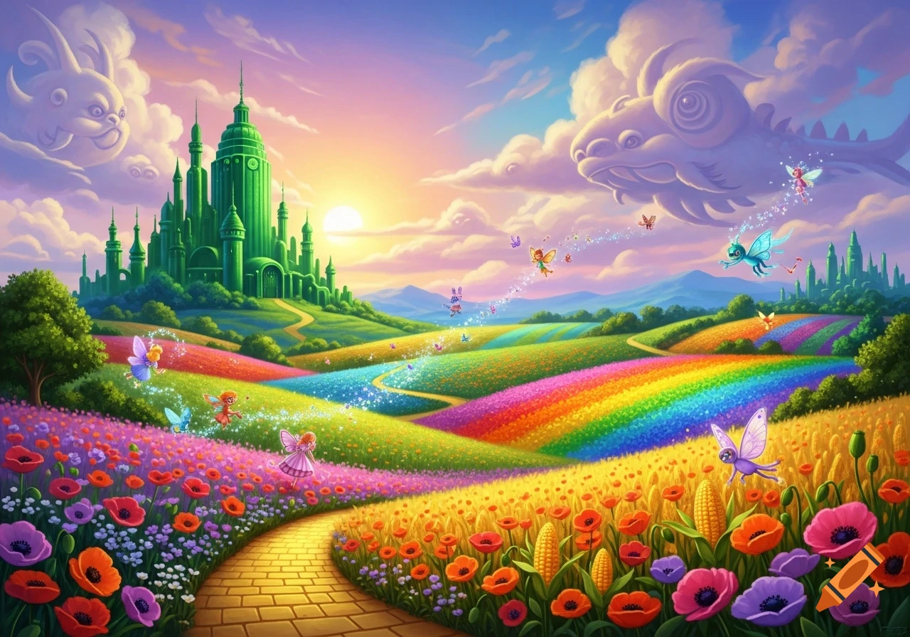A whimsical, vibrant landscape features a green castle, a yellow brick road, rainbow flower fields, and flying fairies under a sky with cloud creatures.