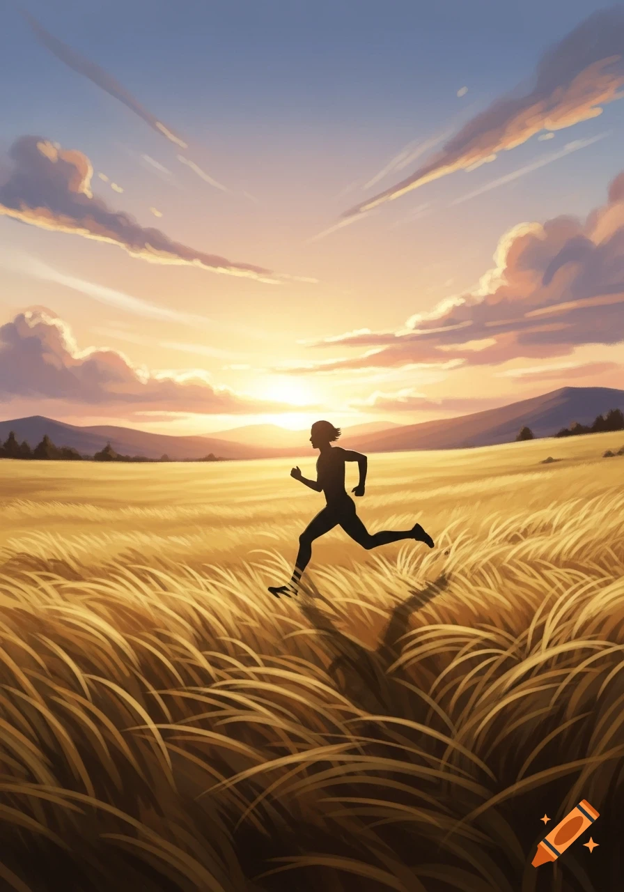 Stylized illustration of a person running in silhouette through a golden field at sunset.