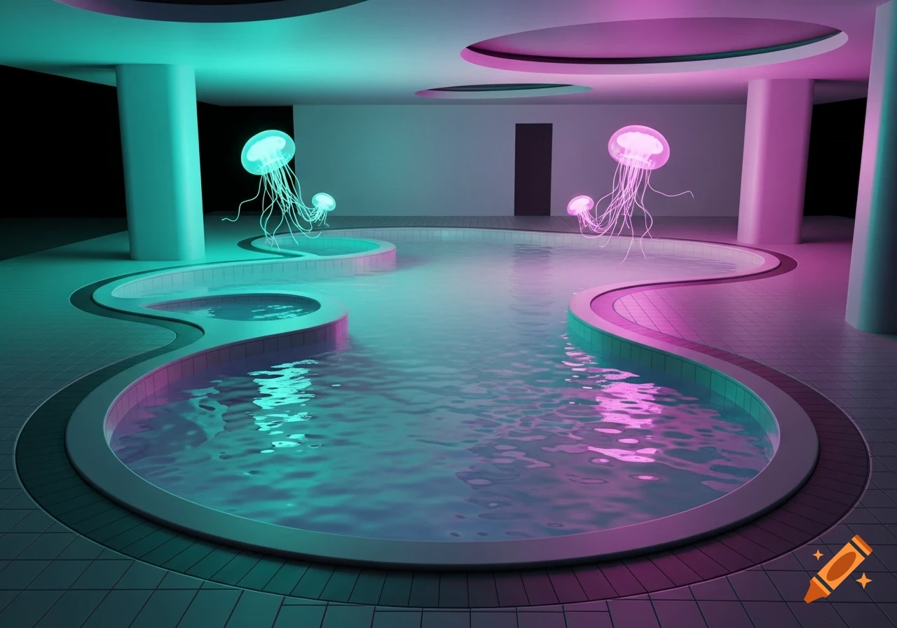 An indoor pool with organic shapes, lit by neon teal and pink lights, with glowing jellyfish floating above the water.
