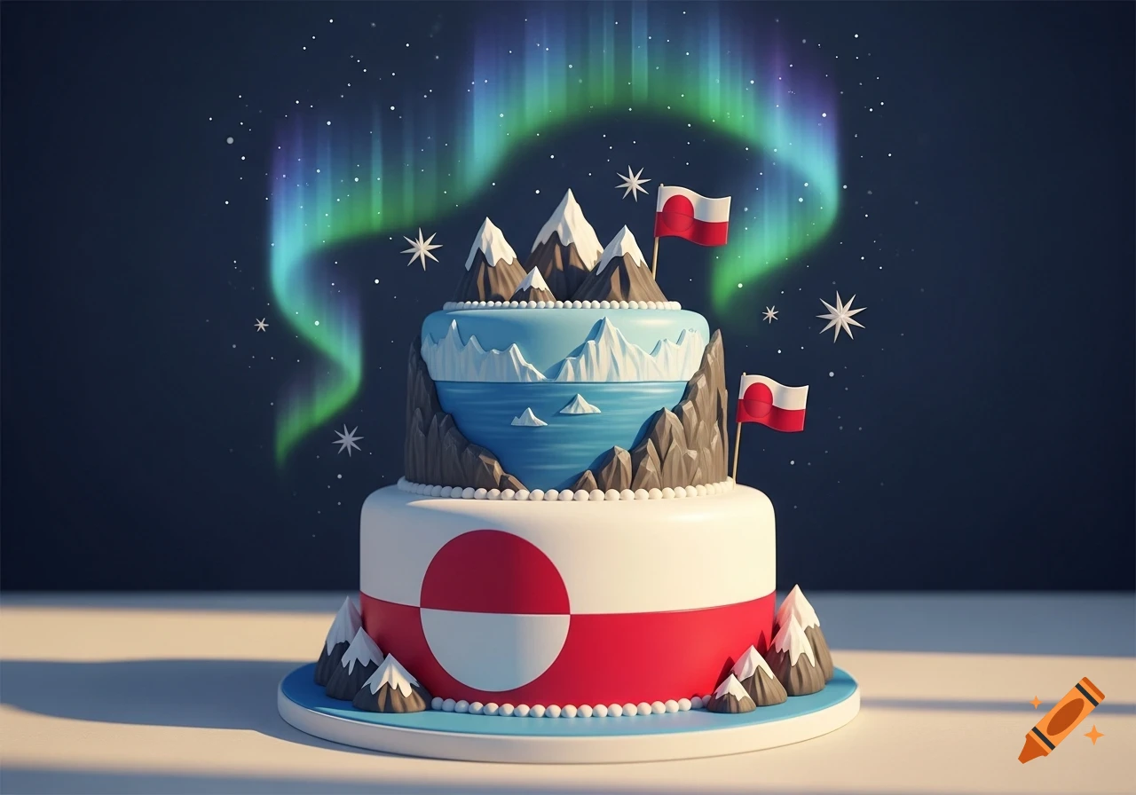 A stylized two-tier birthday cake designed with the Greenland flag, topped with mountains, icebergs in water, and illuminated by the aurora borealis.