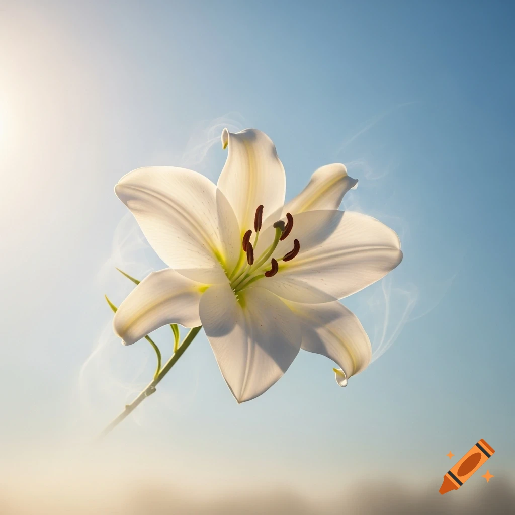 A luminous white lily with yellow stamens floats against a soft blue sky with mist and bright sunlight.