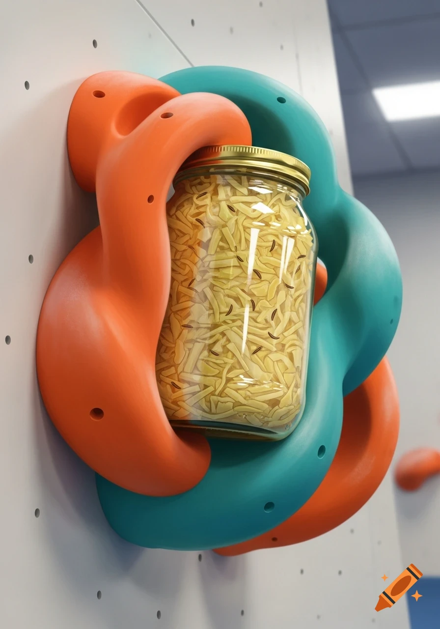 A glass jar of shredded yellow food, likely sauerkraut, is nestled within intertwined orange and teal climbing holds on a white wall.