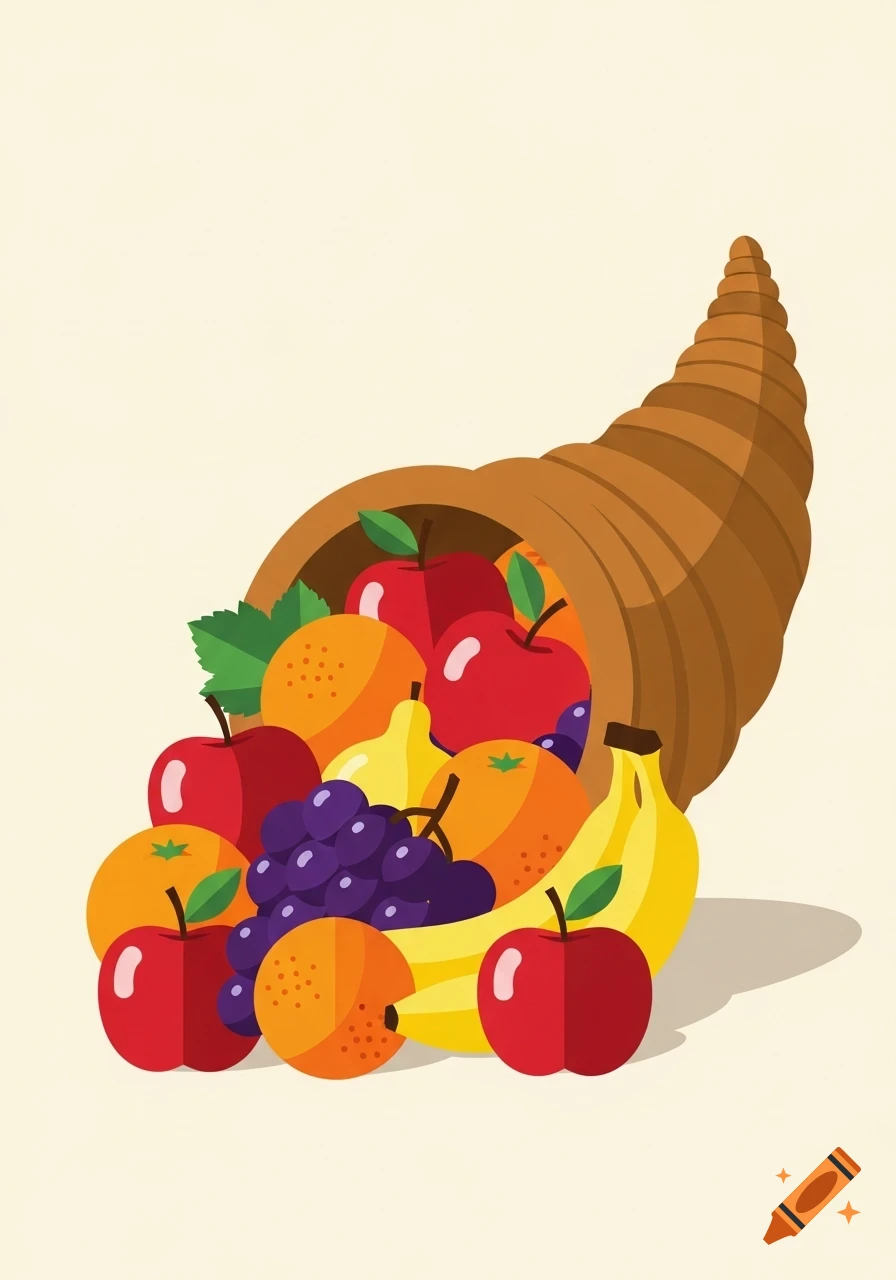 Stylized illustration of a brown cornucopia overflowing with red apples, oranges, purple grapes, yellow bananas, and a pear.