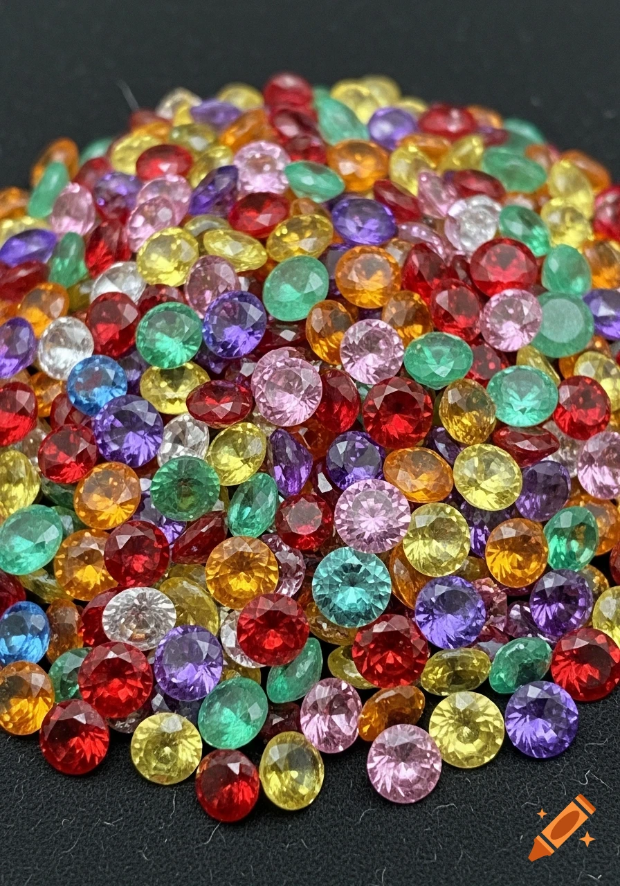 A large pile of colorful, sparkling faceted gemstones including red, orange, yellow, green, blue, purple, and pink on a dark background.