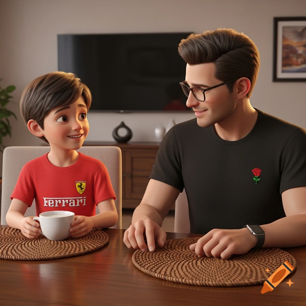 A smiling cartoon father and son sit at a dining table. Son in red Ferrari shirt holds a cup, dad in black shirt with a rose and glasses.
