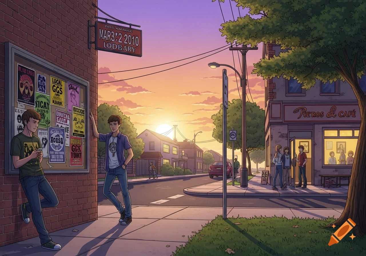 An anime-style street scene at sunset. Two young men stand by a bulletin board on a brick building, while people gather outside "Rieros & Cafe" across the street.