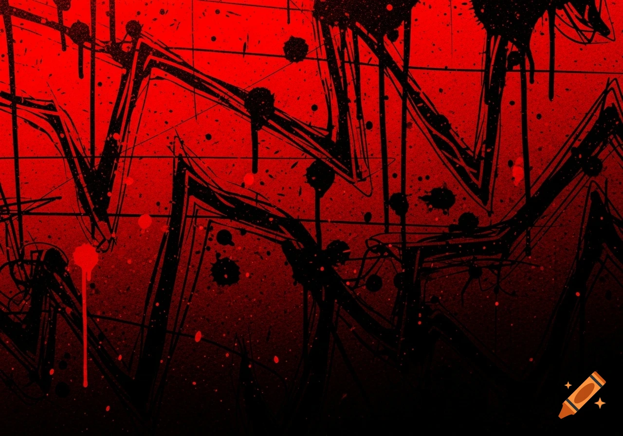 An edgy, grunge-style abstract background with black scratchy lines and paint splatters over a red gradient fading to black.