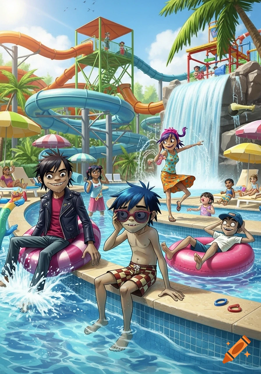 Cartoon illustration of the Gorillaz band enjoying a sunny day at a vibrant water park with slides and a waterfall.