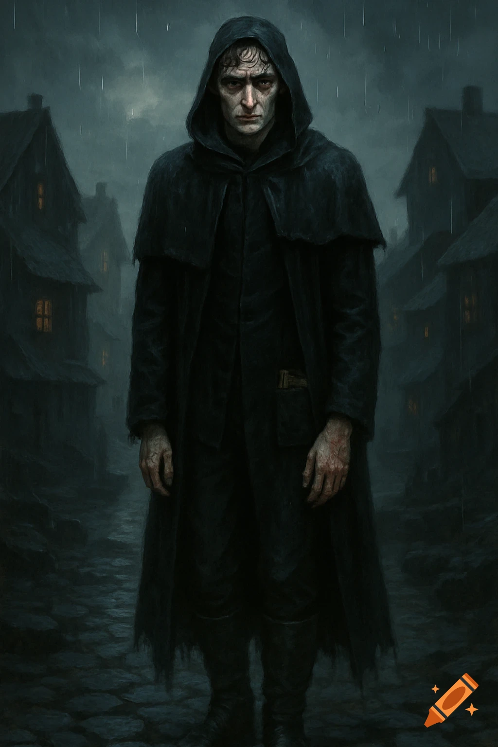 A pale, gaunt man in a dark hooded cloak stands on a rainy cobblestone street, surrounded by gloomy buildings.