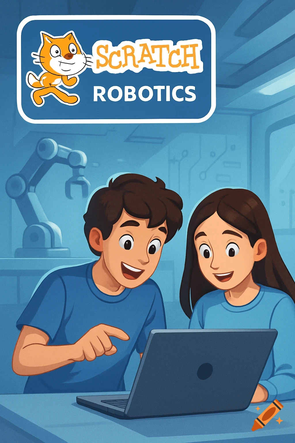 Two smiling cartoon teenagers look at a laptop, with a Scratch Robotics logo and a robot arm in the background.
