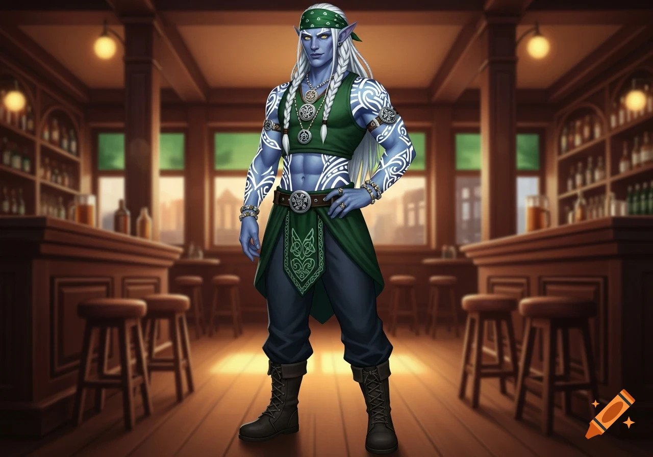 A male elf with pale blue skin, white braided hair, tribal tattoos, green crop top, and bandana stands in a pub.