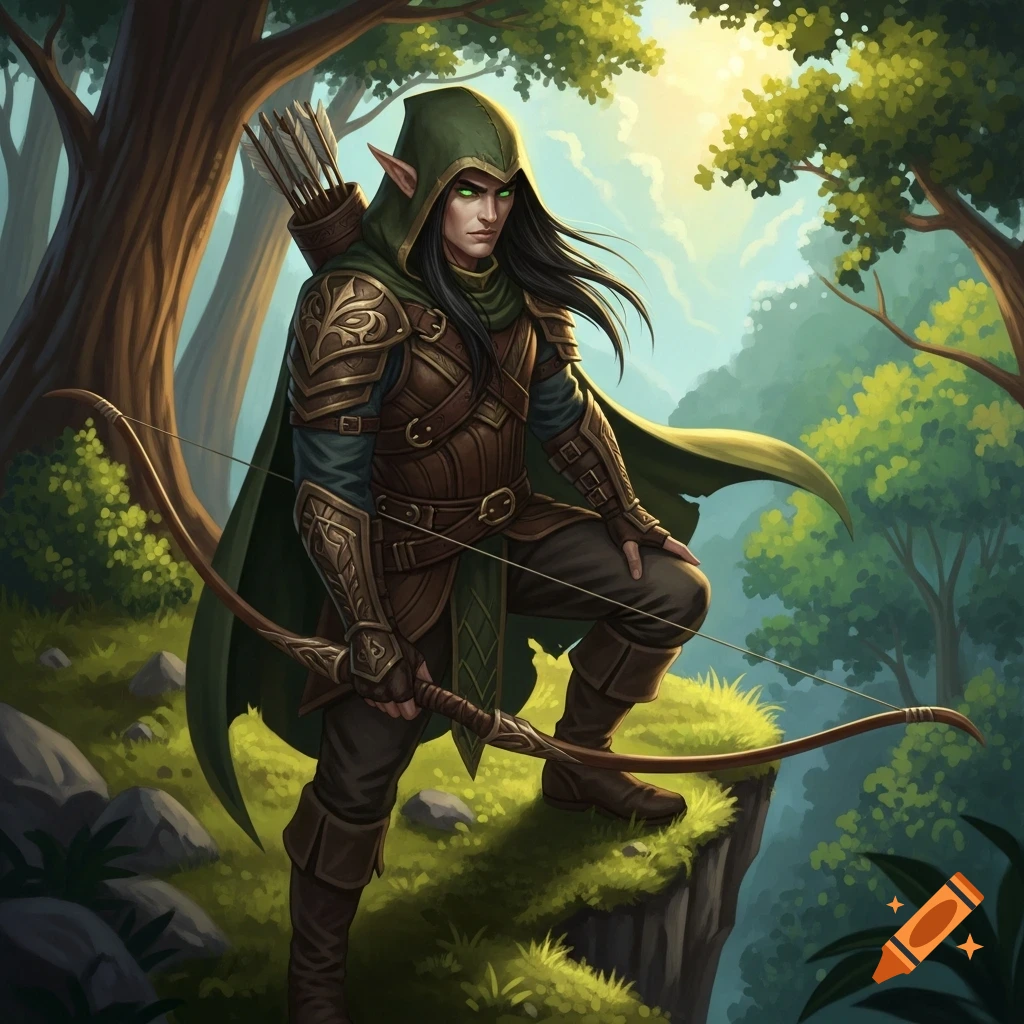 A male elf archer in green and brown armor with a hood and green eyes stands on a cliff in a sun-dappled forest, holding a bow.