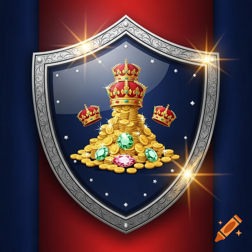 Ornate silver shield featuring a treasure pile of gold coins, three red and gold crowns, and sparkling gems on a red and blue backdrop.