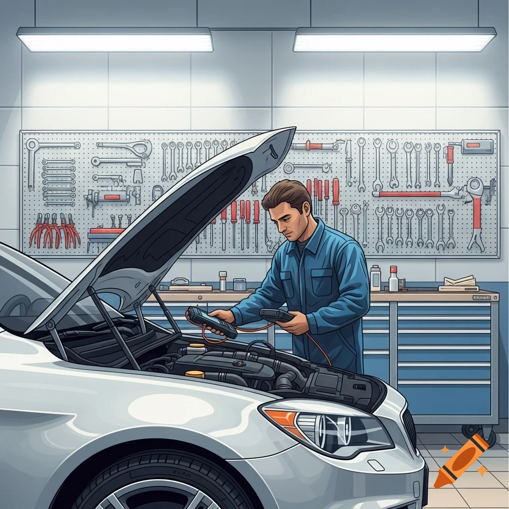 Illustration of a mechanic in blue overalls inspecting a silver car's engine in a tidy garage with tools.