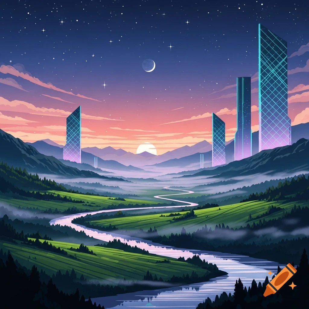 Stylized digital art of a futuristic landscape with neon skyscrapers, a ...