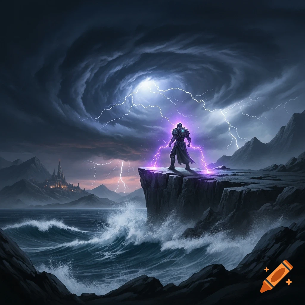 An armored figure on a cliff commands purple lightning amidst a stormy sea, swirling dark clouds, and a distant castle.