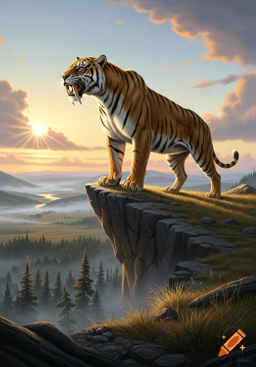 A majestic saber-toothed tiger stands on a cliff overlooking a foggy valley at sunrise, roaring fiercely.