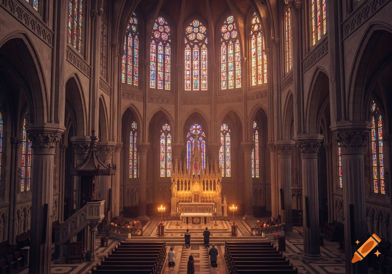 Interior of a grand Gothic church with vibrant stained glass windows, a majestic altar, and faithful kneeling in warm light.