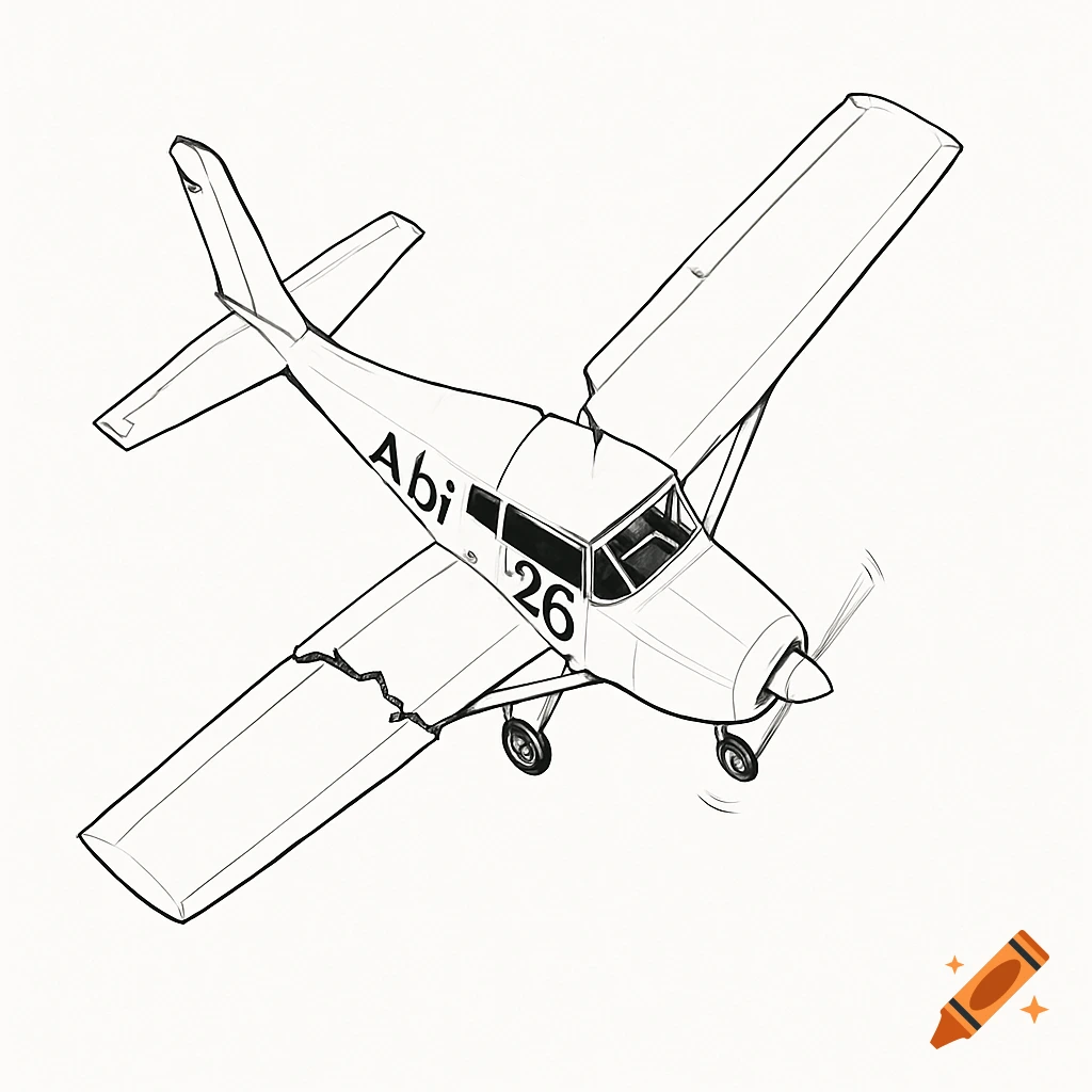 An outline drawing of a small propeller plane with a broken wing, seen from above, flying to the right. The text "Abi 26" is on the fuselage.