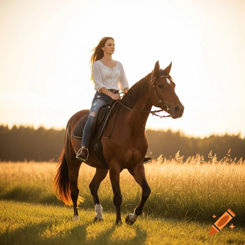 A woman with long hair rides a brown horse through a sunlit golden field at sunset.