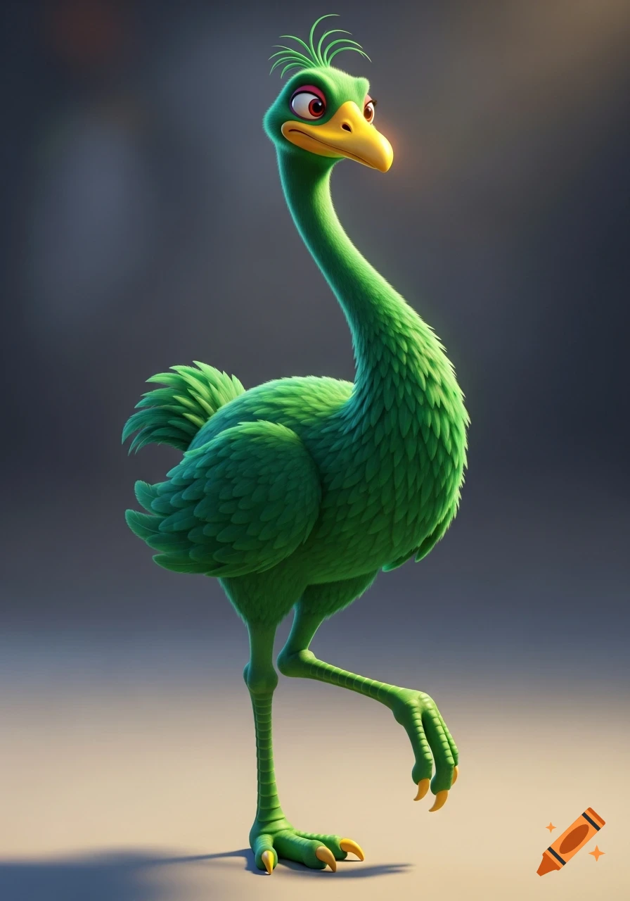 A detailed 3D cartoon anthropomorphic emu, colored emerald green with a yellow beak, red and black eyes, standing on two legs.