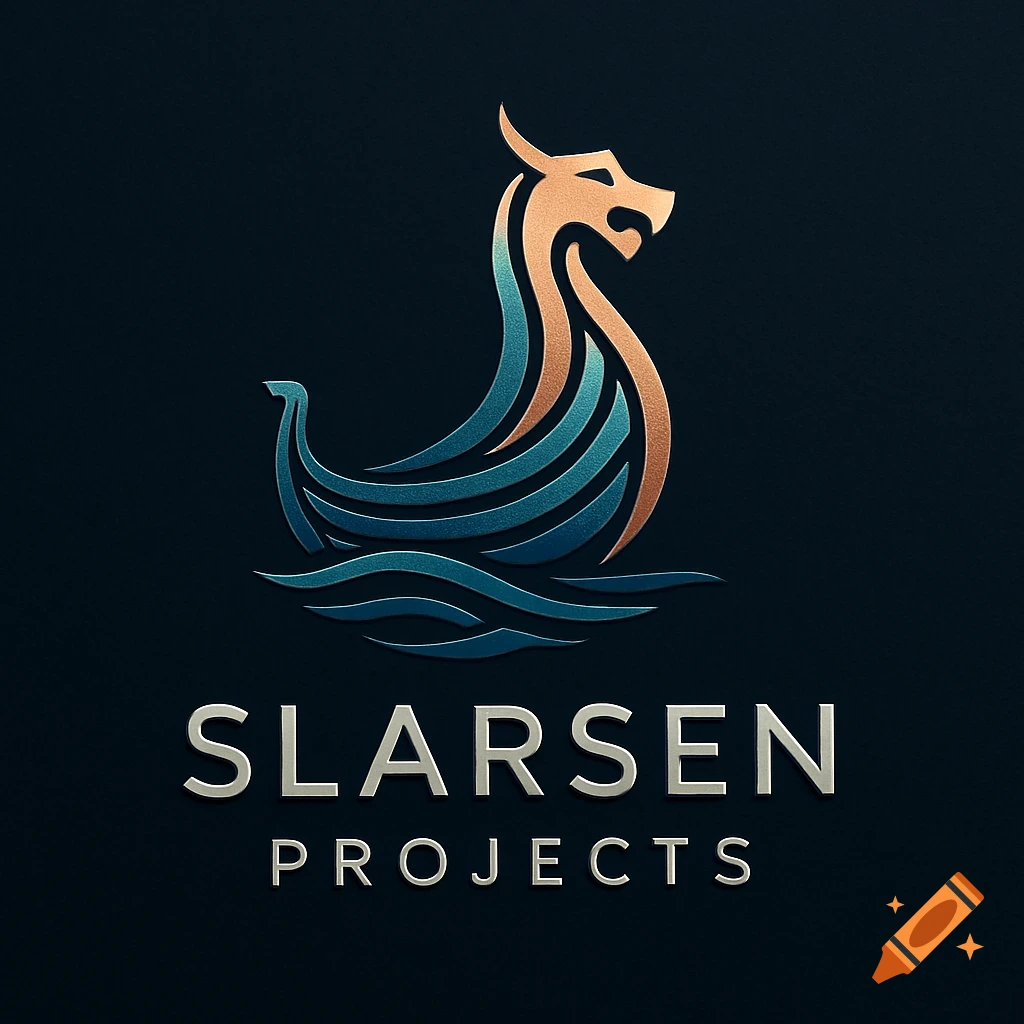 Logo for Slarsen Projects featuring a stylized copper and blue Viking longship with waves on a dark background.