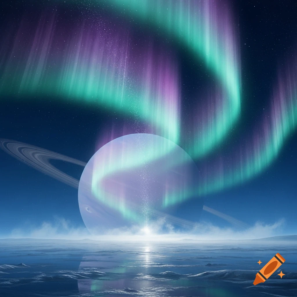 Vibrant green and purple auroras illuminate a ringed planet over a frosty, reflective alien landscape.