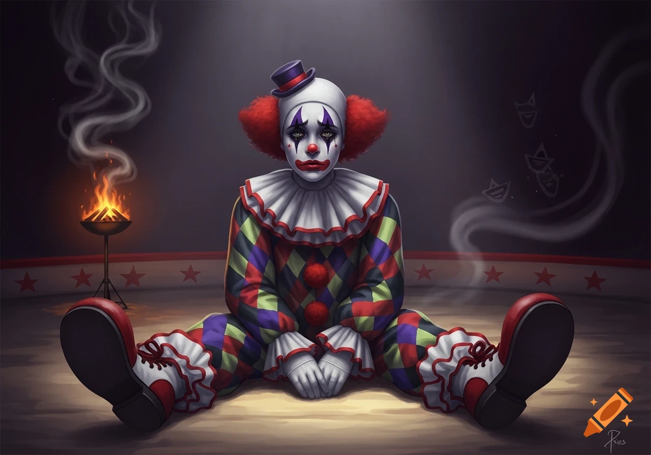 A crying clown with red hair and a patterned suit sits dejectedly in a circus ring beside a small fire, with smoke and faint mask-like drawings in the background.
