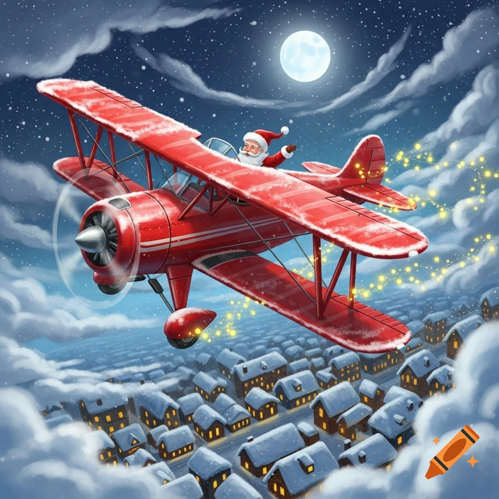 Santa Claus in a red biplane flies over a snow-covered village at night under a full moon, in a whimsical illustration.